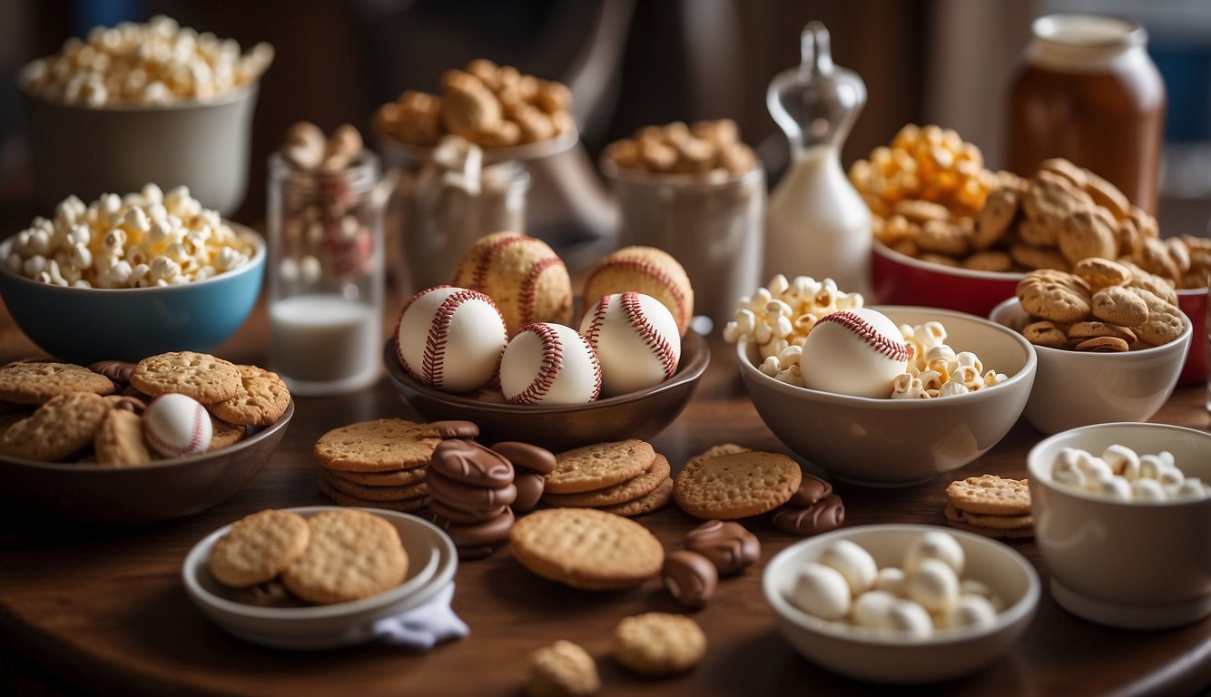 A table filled with baseball-themed treats and goodies, including baseball-shaped cookies, popcorn in baseball-themed containers, and mini baseball bats with candy