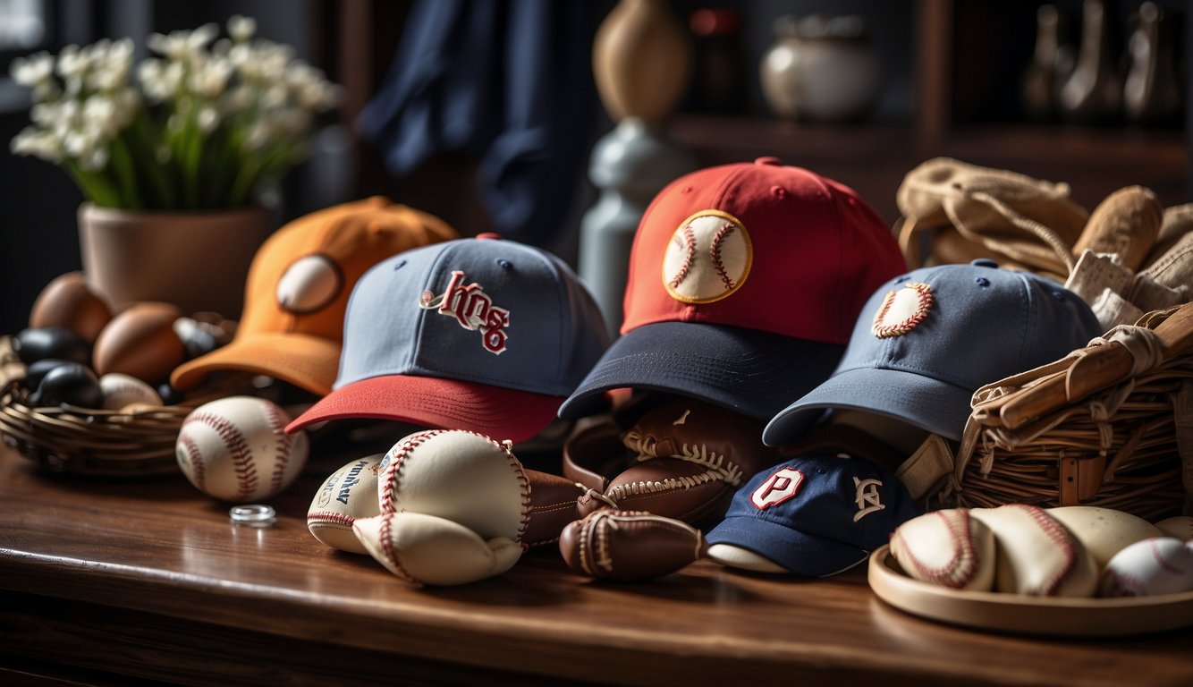 A table adorned with baseball memorabilia and accessories, including hats, gloves, bats, and jerseys, arranged for an Easter basket