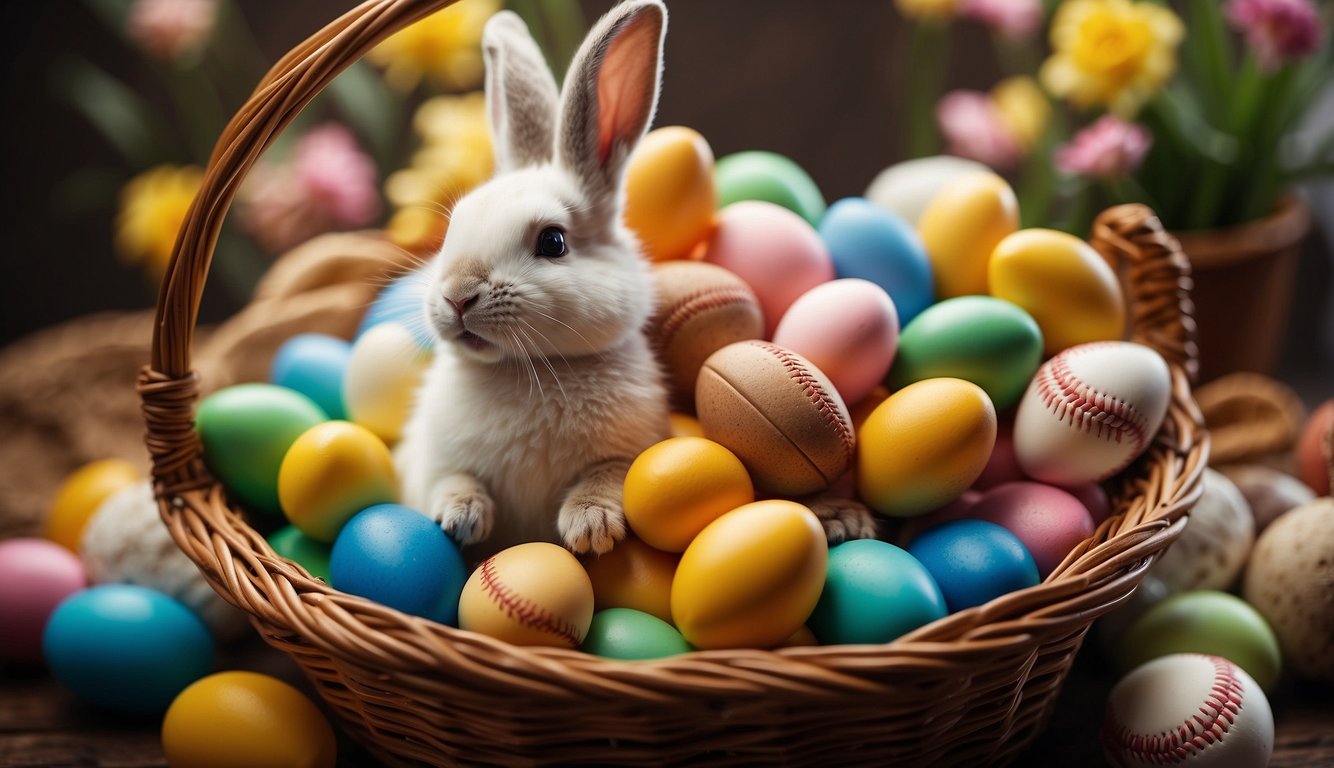 A baseball bat and glove nestled among colorful Easter eggs in a basket, with a bunny-shaped chocolate and baseball-themed candies