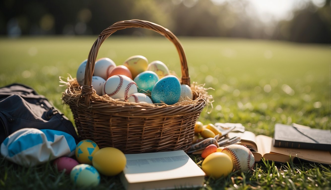 A colorful Easter basket filled with baseball equipment, books, and media sits on a grassy field in the morning sun