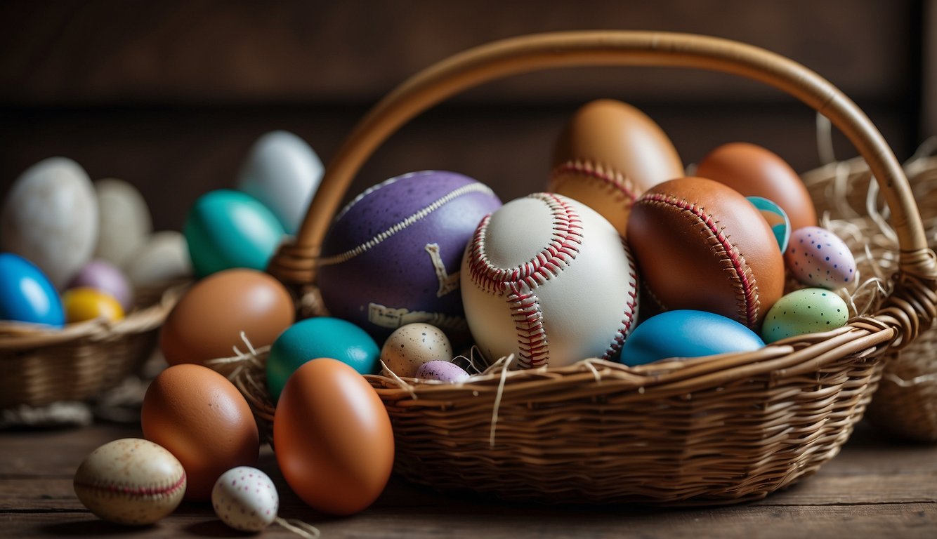 Baseball gloves, bats, helmets, and jerseys arranged with colorful Easter eggs in a woven basket