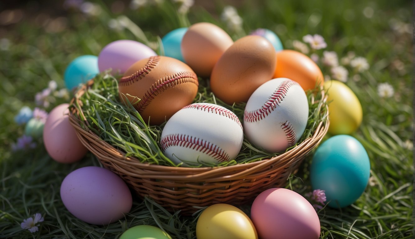 Colorful baseball gloves, bats, and balls arranged in a festive Easter basket, accented with pastel ribbons and adorned with plastic eggs and grass