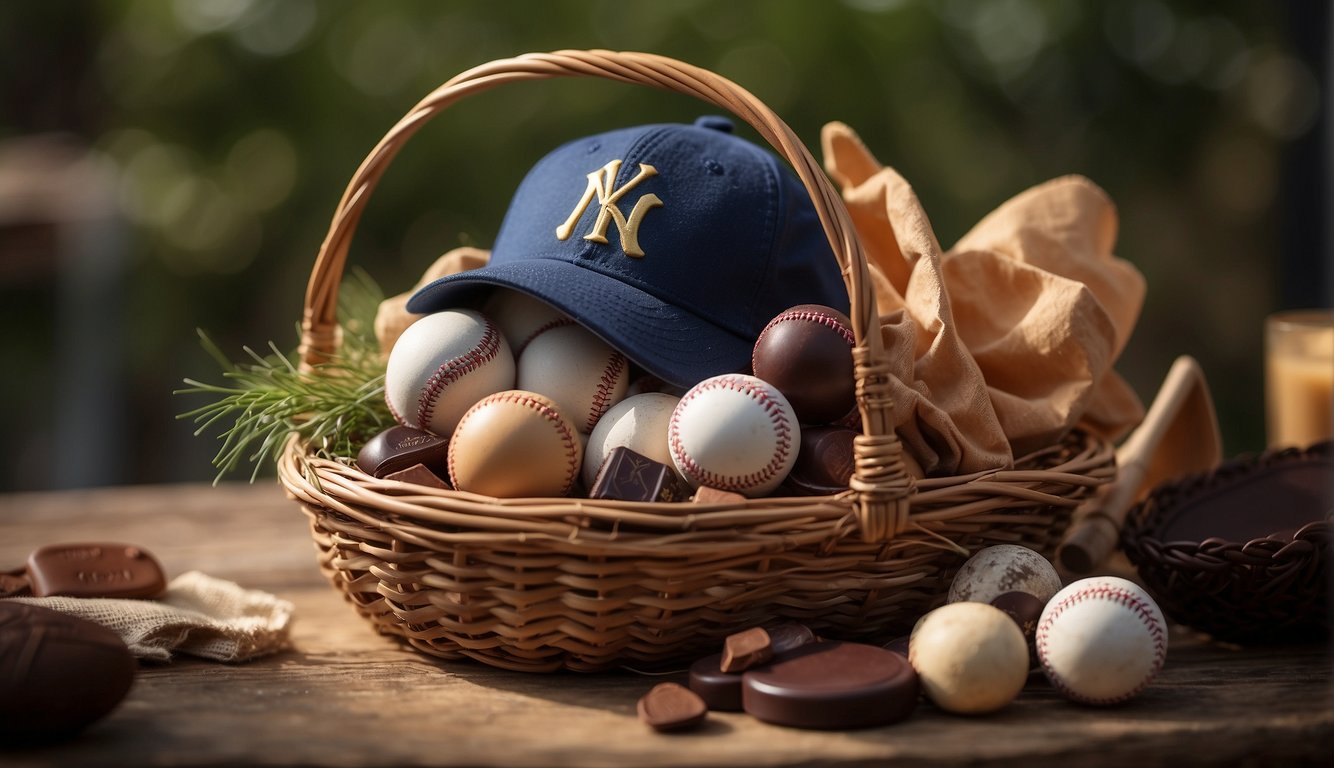 A baseball-themed Easter basket filled with baseball cap, baseball cards, mini bat, baseball-shaped chocolates, and a small glove