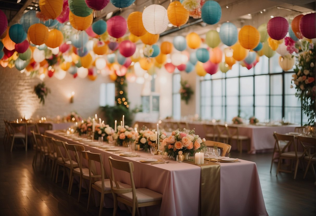 Colorful banners hang from the ceiling, with delicate floral arrangements adorning the tables. A whimsical photo booth with props and a dessert table with a beautiful cake complete the festive atmosphere