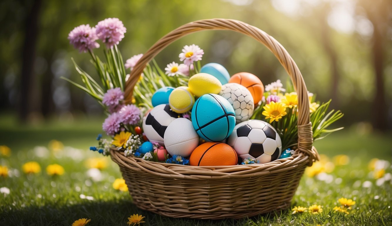 A colorful Easter basket filled with soccer balls, tennis rackets, and basketballs, surrounded by sports equipment and vibrant spring flowers