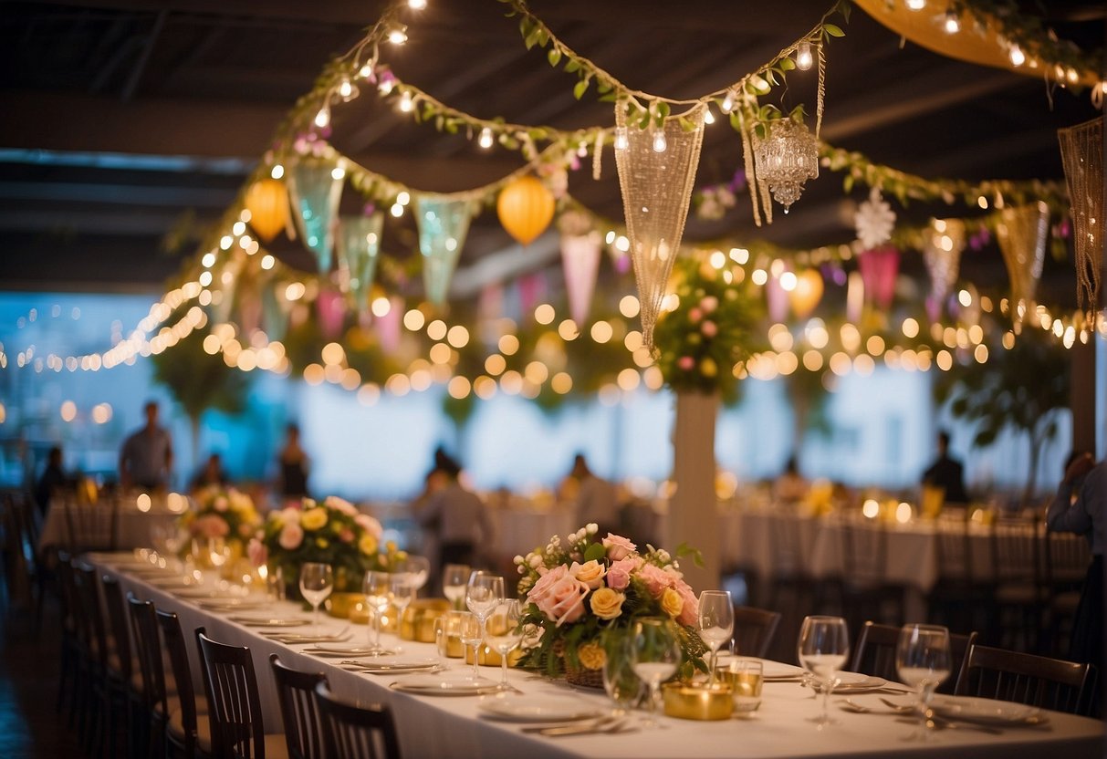 Colorful banners hang from the ceiling, surrounded by elegant floral centerpieces and twinkling string lights. A table is adorned with themed decorations, while guests mingle and admire the beautiful setup