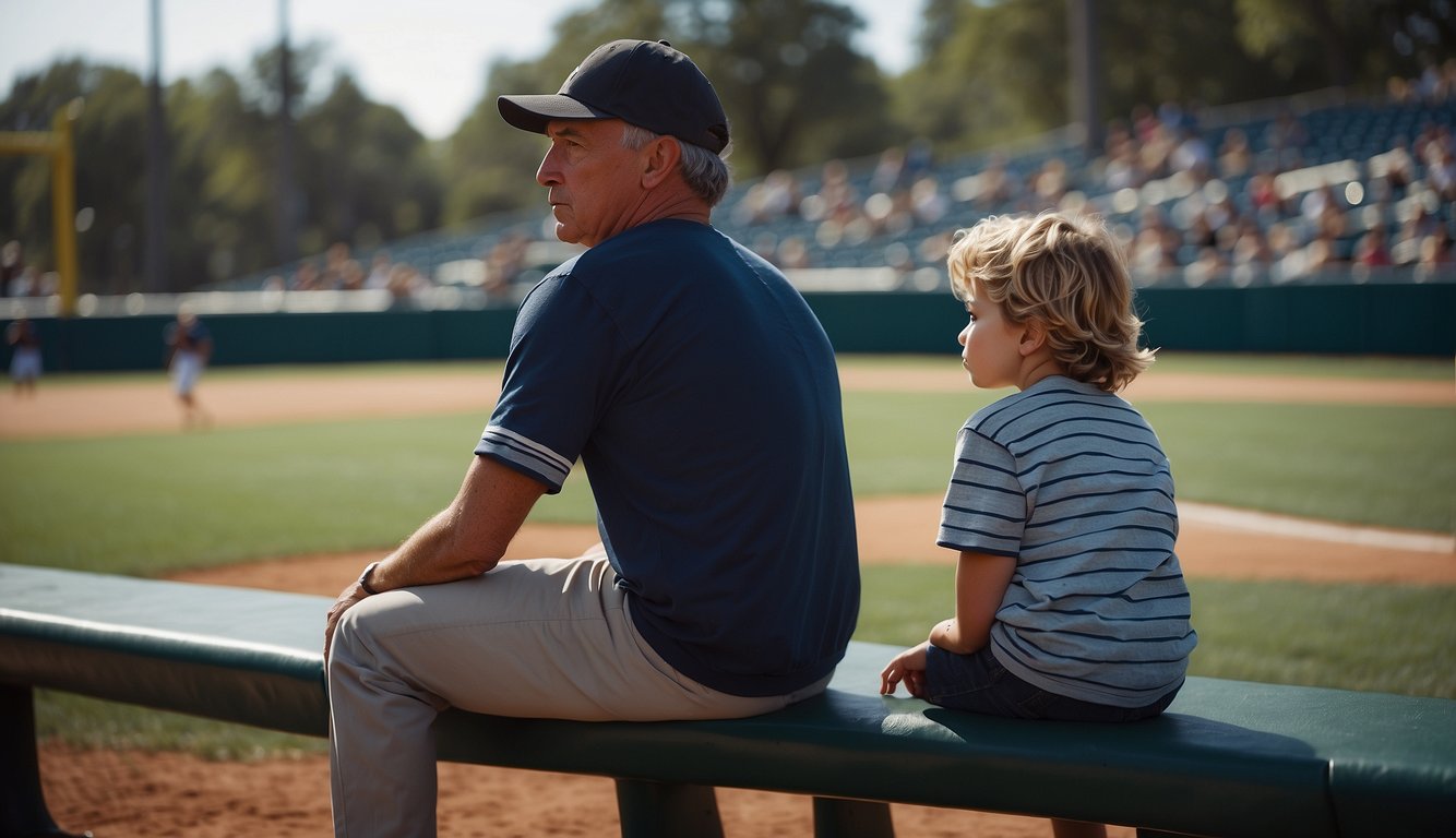 Parents arguing on the sidelines, while a disappointed child sits alone on the bench during a travel baseball game