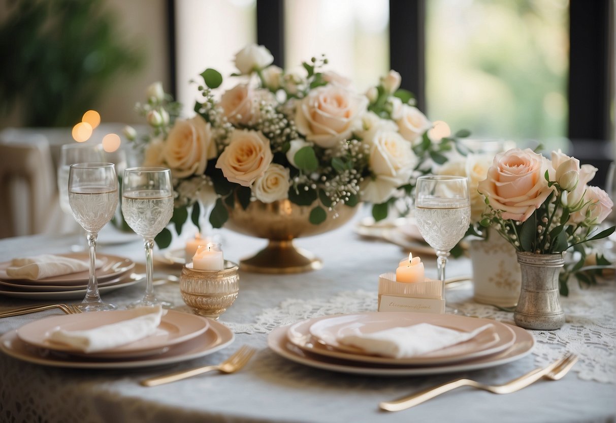 An elegant table setting with floral centerpieces, soft lighting, and delicate lace accents. Subtle pastel colors and vintage decor create a romantic atmosphere
