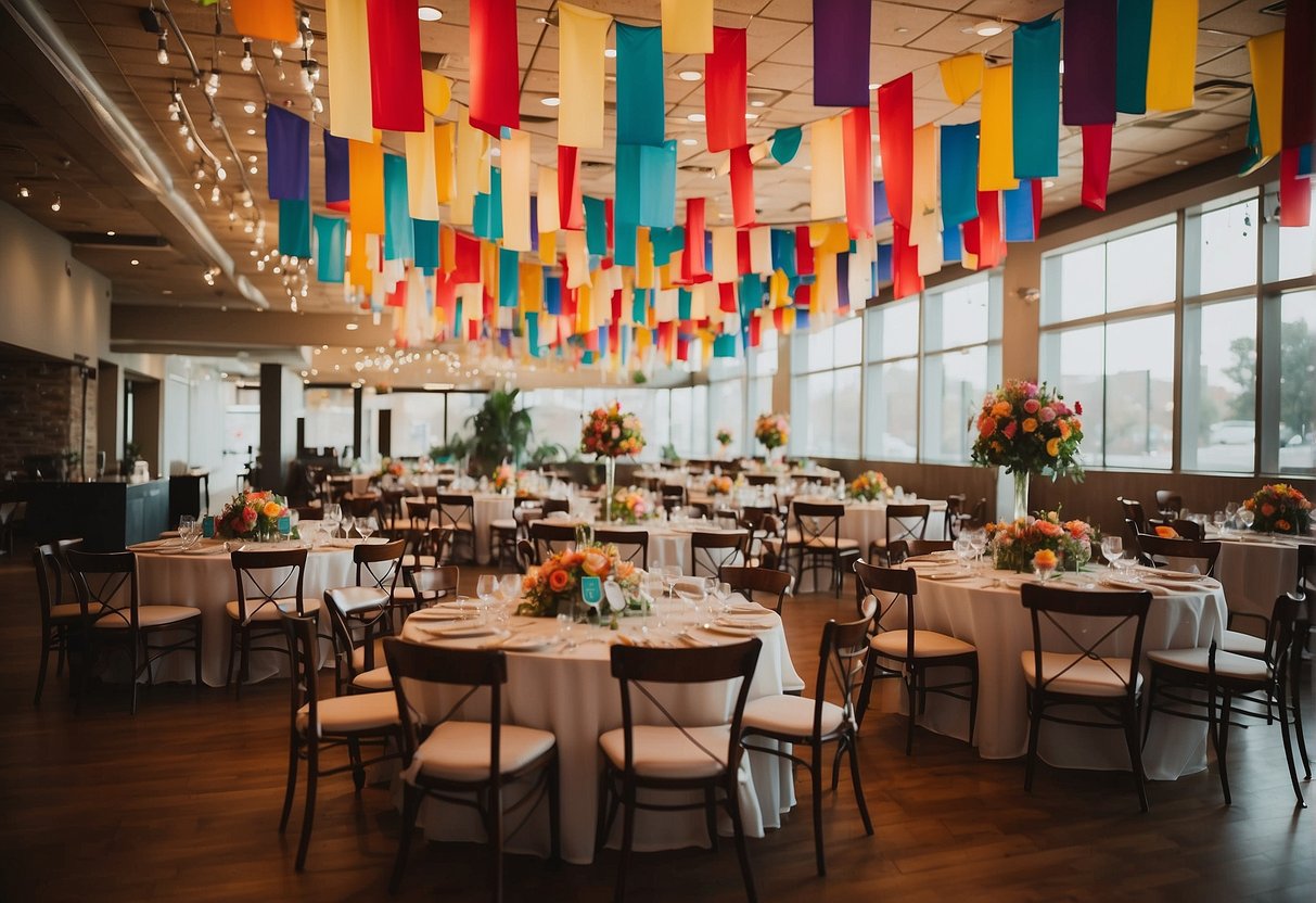 Colorful banners hang from the ceiling, with personalized messages and names. Tables are adorned with custom centerpieces and photo collages. A backdrop features a personalized photo booth for guests to enjoy