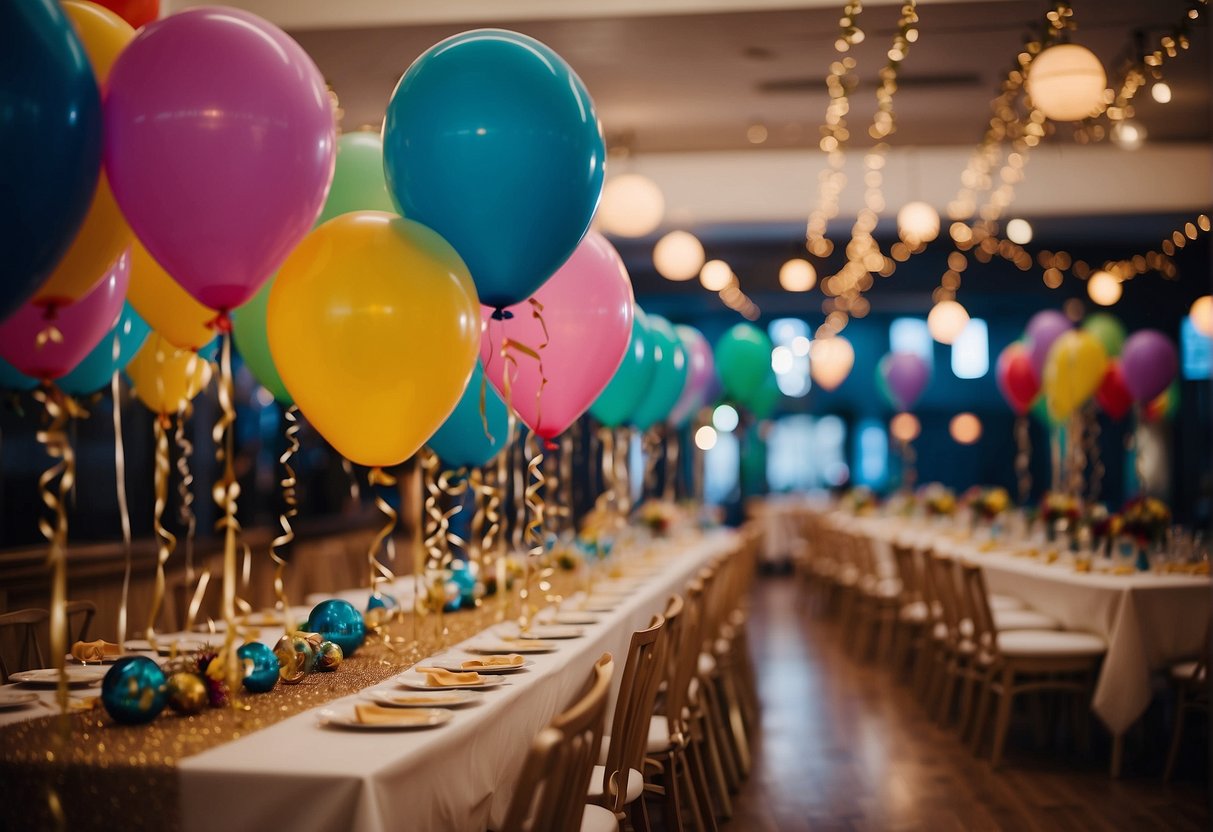 Colorful balloons, streamers, and confetti adorn the room. Tables are set with playful centerpieces and games for guests to enjoy. A festive and lively atmosphere fills the space