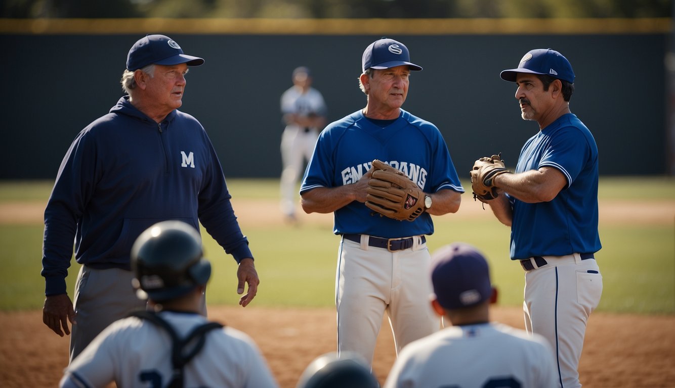 A coach instructs players on a baseball field, emphasizing teamwork and strategy