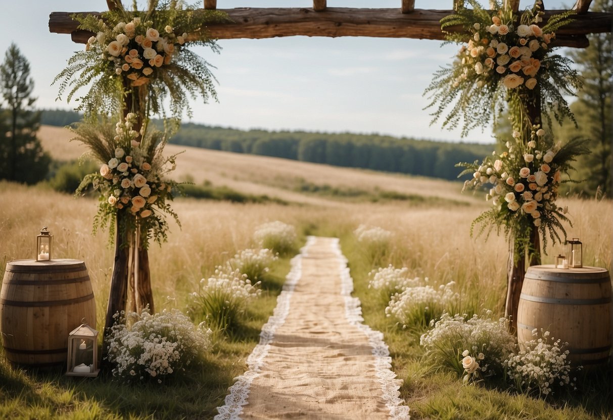 A rustic outdoor wedding with hay bales, wildflowers, and mason jar centerpieces under a wooden archway adorned with lace and burlap
