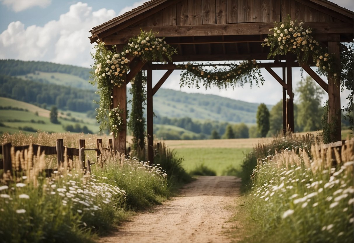 A rustic barn nestled in a rolling countryside, surrounded by lush greenery and blooming wildflowers. A wooden archway adorned with delicate lace and burlap draping, creating a romantic and charming setting for a country wedding