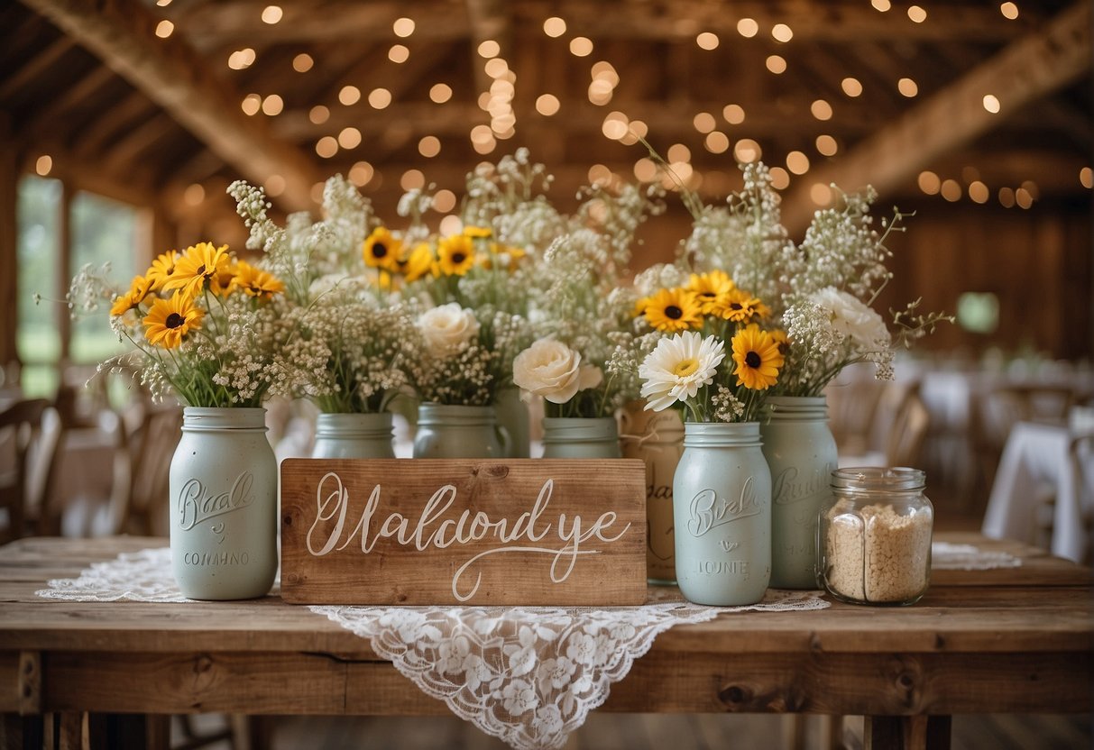 A rustic barn adorned with burlap and lace, mason jar centerpieces filled with wildflowers, and a wooden sign welcoming guests to a country charm wedding