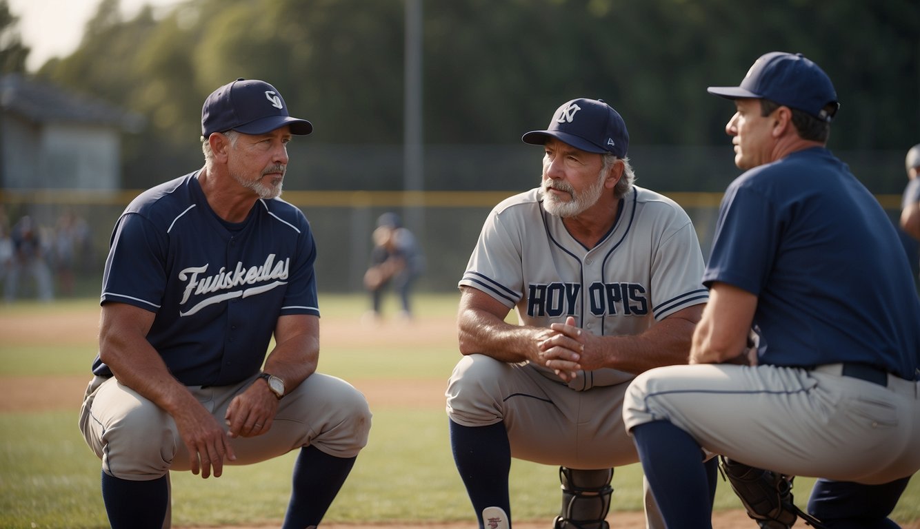 A group of frustrated parents and coaches discuss the challenges and drawbacks of travel baseball at a local field