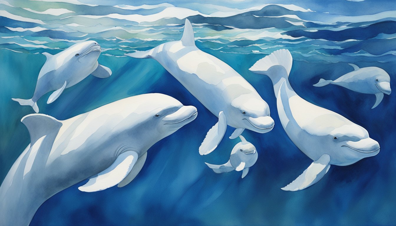 A group of beluga whales swim gracefully in crystal-clear waters, their white bodies contrasting against the deep blue sea.</p><p>Some leap playfully out of the water, while others glide gracefully through the waves