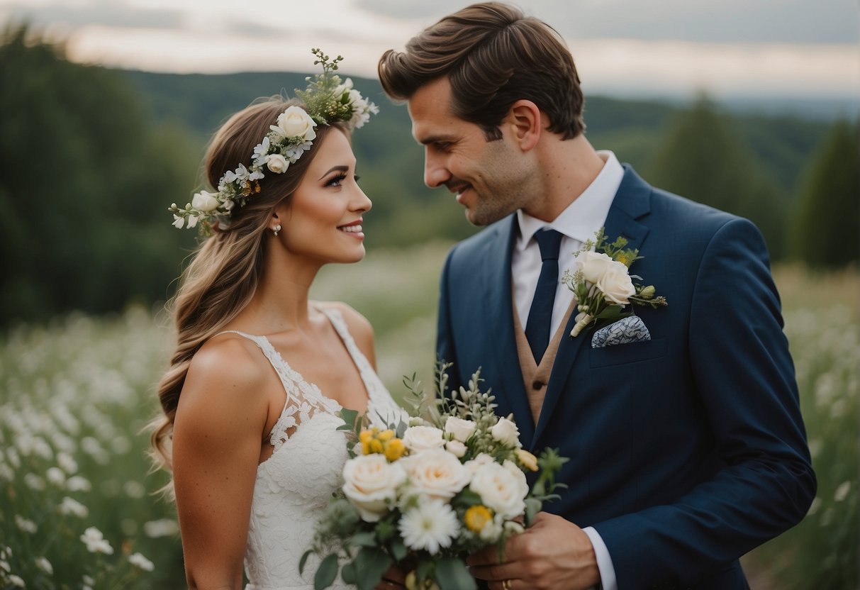 The bride wears a flowing white lace gown with a sweetheart neckline, while the groom sports a tailored navy suit with a rustic boutonniere. Both are adorned with wildflower accents, and the bride dons a delicate flower crown