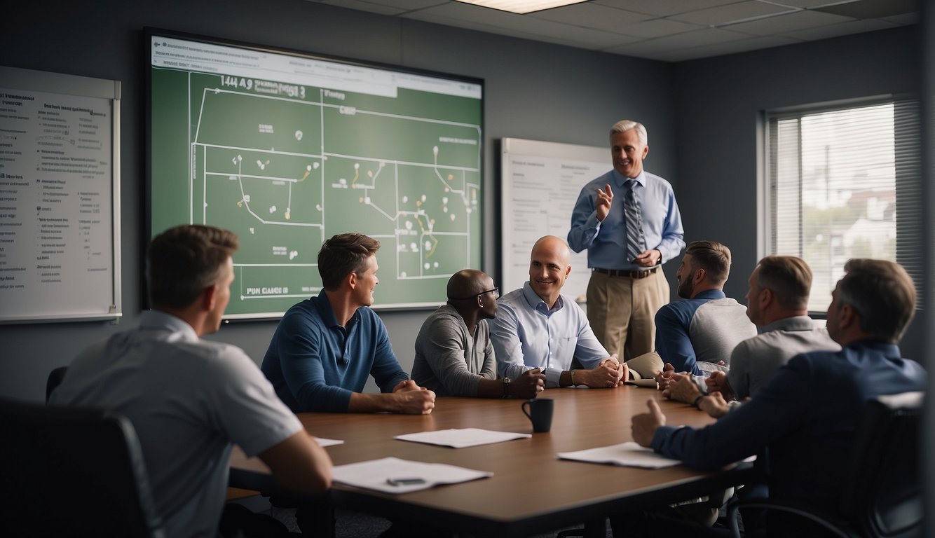 College baseball coaches gather in a conference room, discussing strategies and player recruitment. A whiteboard displays statistics and diagrams