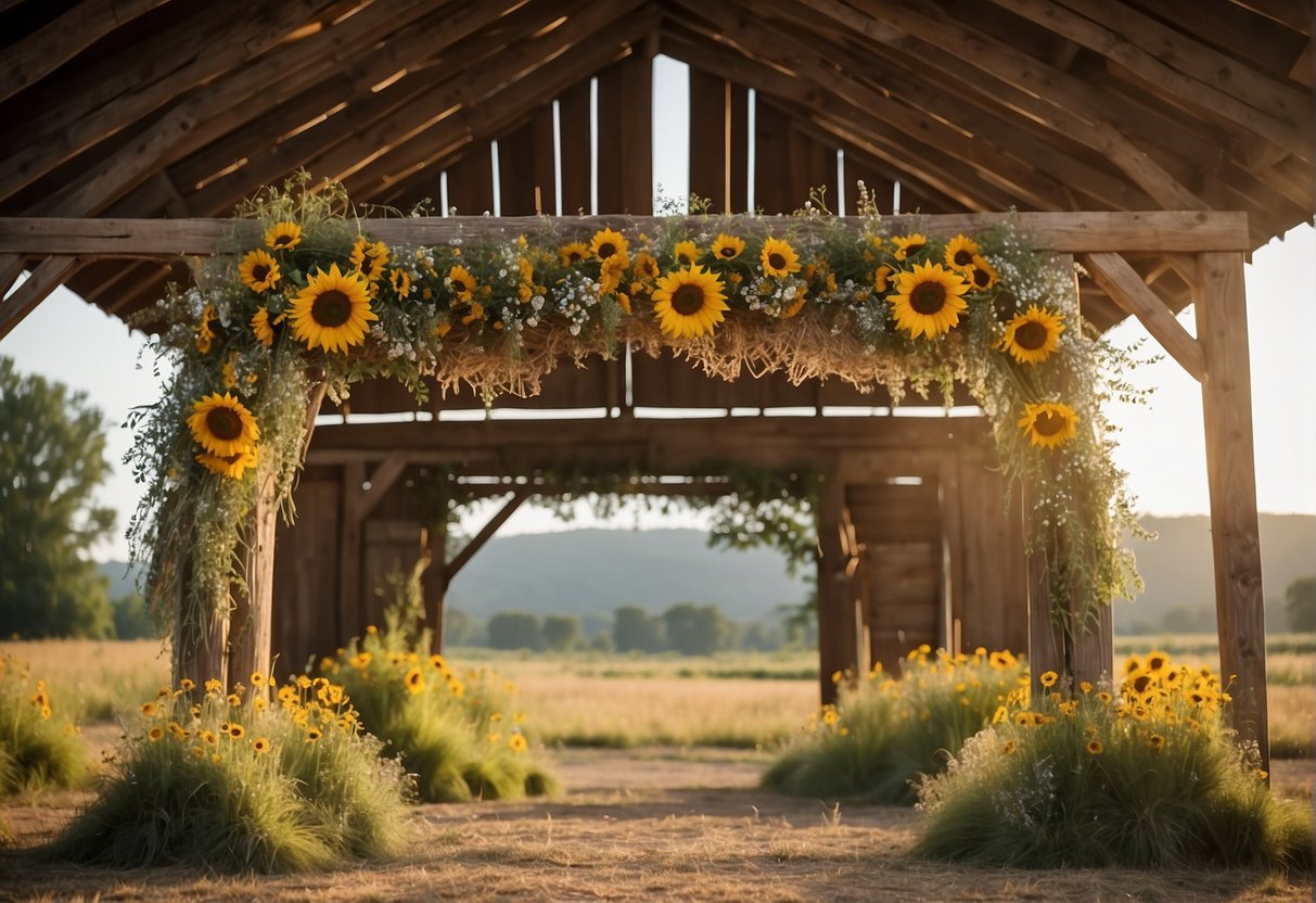 A rustic barn adorned with wildflowers, bales of hay, and twinkling string lights. A wooden arch stands at the center, draped with lace and sunflowers