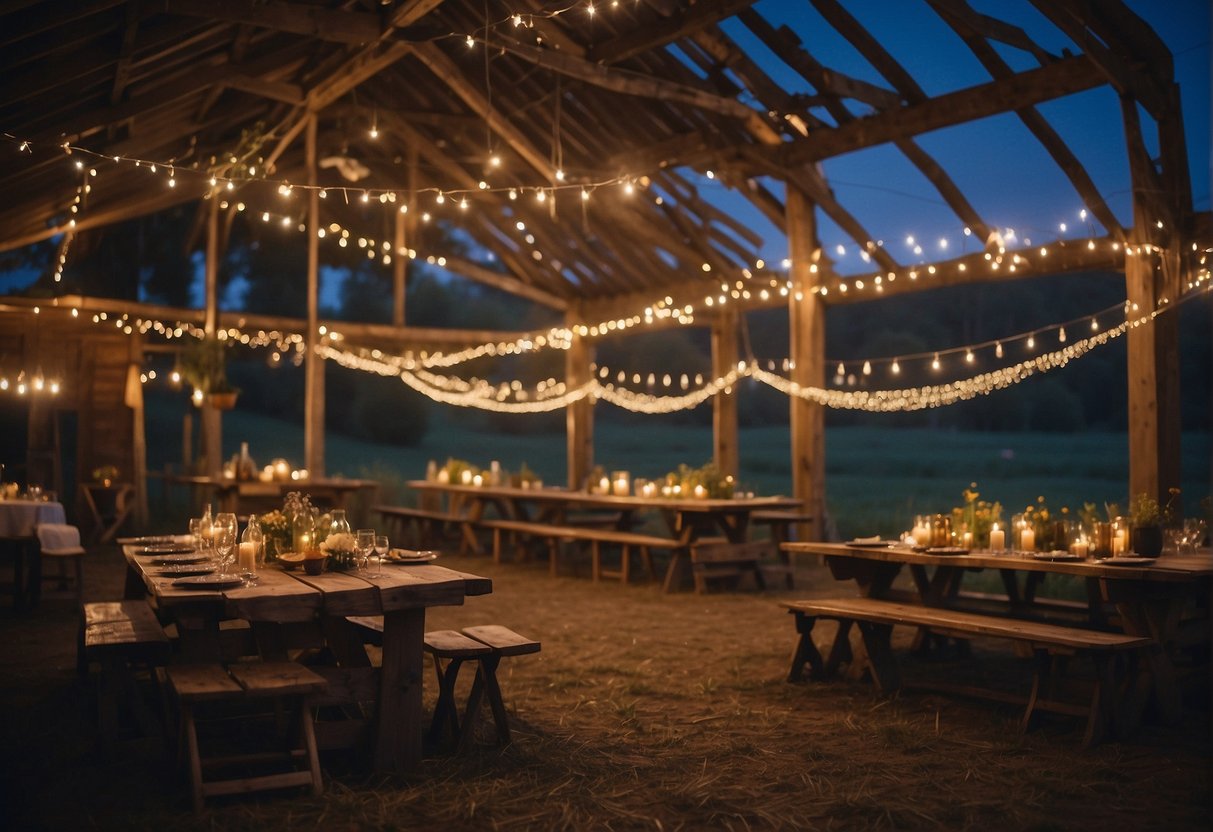 A rustic barn adorned with string lights, hay bales, and wildflower centerpieces. A live band plays folk music as guests mingle and dance under the starry night sky