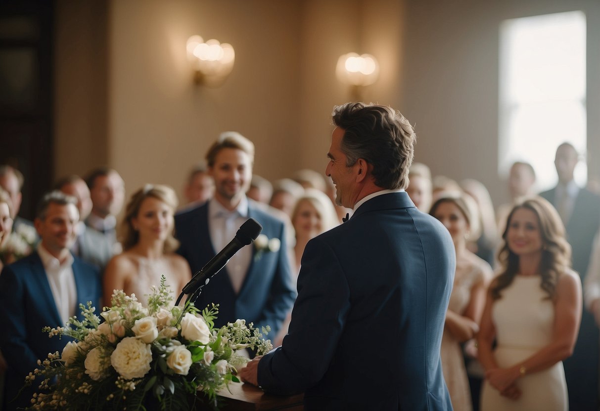 A person standing at a podium, surrounded by wedding guests, delivering a heartfelt and humorous speech. Flowers and decorations adorn the venue