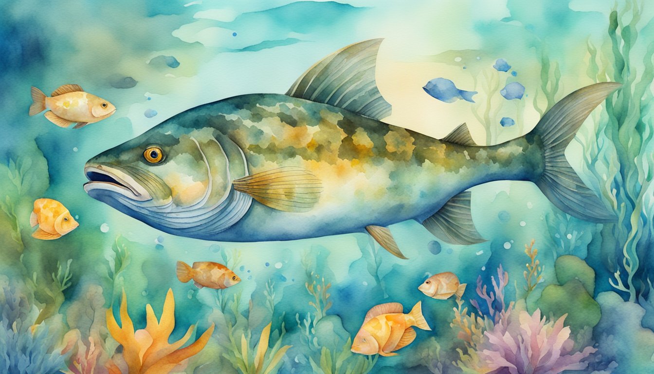 A massive catfish swims through a vibrant underwater landscape, surrounded by diverse aquatic life and cultural symbols