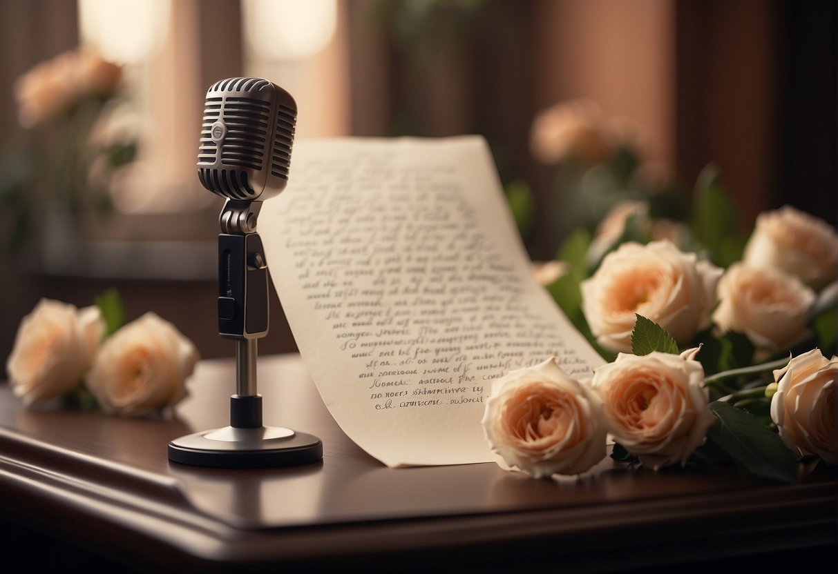 A microphone stands on a podium adorned with flowers. A sheet of paper with handwritten notes sits beside it. A warm, romantic atmosphere fills the room