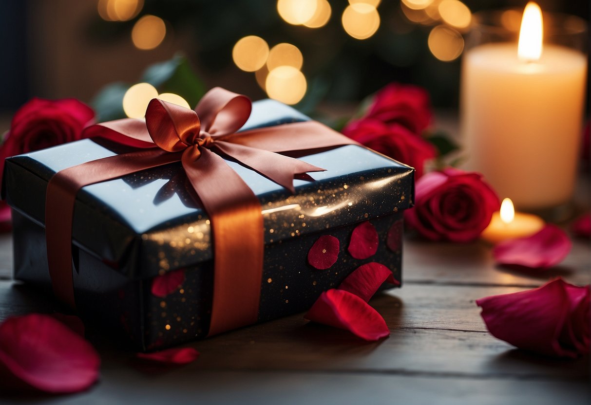 A beautifully wrapped gift box sits on a table, surrounded by a scattering of rose petals and flickering candlelight. A handwritten card peeks out from under the ribbon, adding a personal touch to the romantic scene