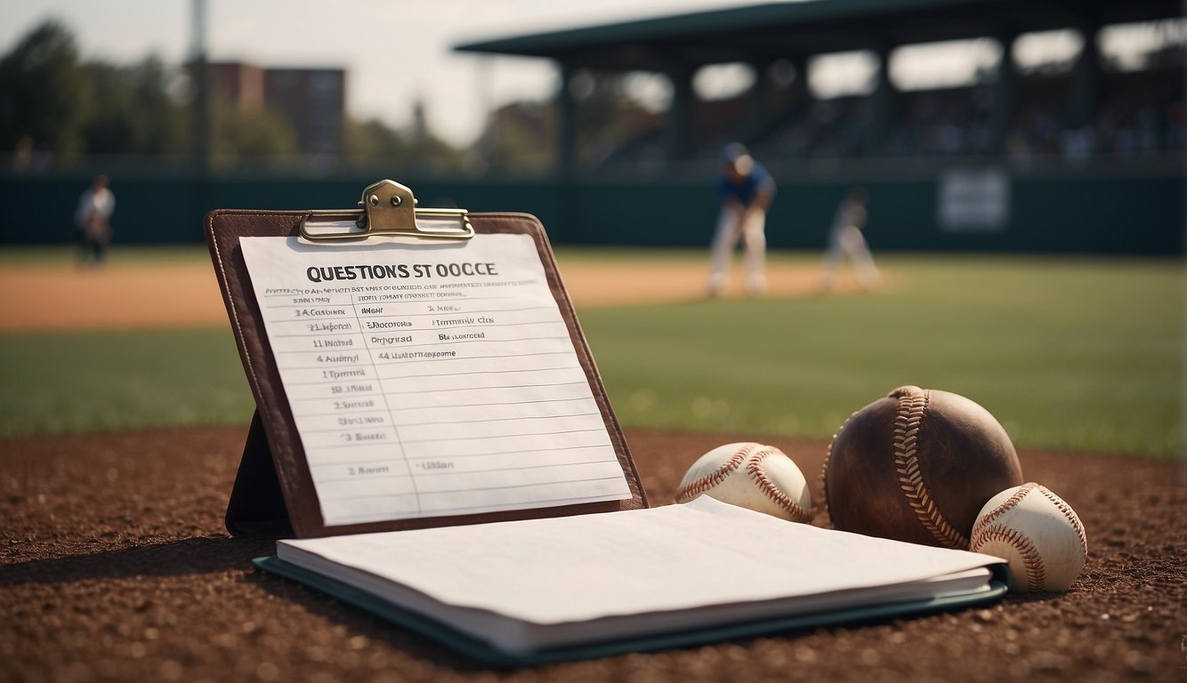 A baseball field with a coach's office in the background, a list of "Questions to Avoid" on a clipboard, and a group of players practicing on the field