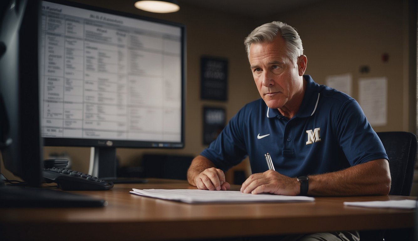 A college baseball coach sits at a desk, pen in hand, as they review a list of questions from a potential recruit. A computer screen displays the team's schedule and statistics in the background