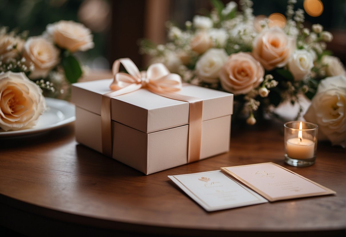 A decorative wedding card box sits on a table, adorned with flowers and ribbons. It is surrounded by elegant signage and surrounded by a joyful atmosphere