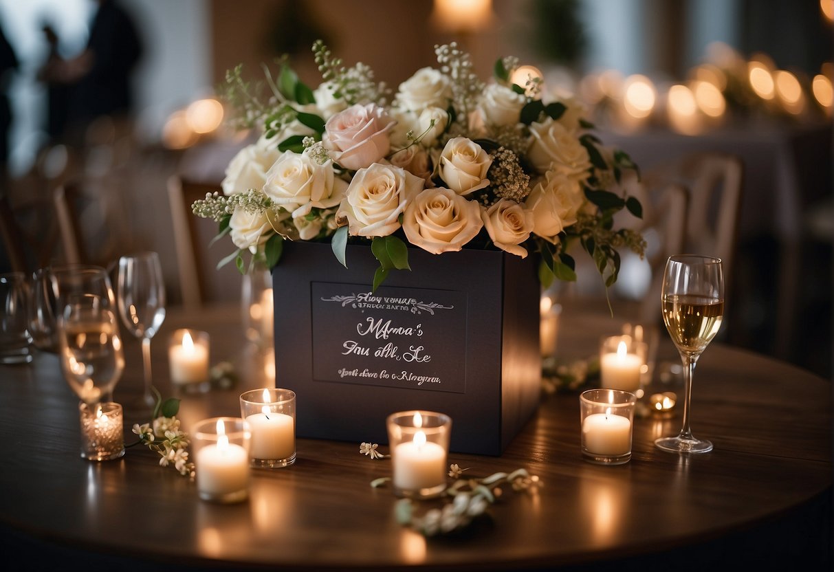 A wedding card box sits on a decorated table, surrounded by floral arrangements and twinkling lights. A sign invites guests to leave their well-wishes for the happy couple