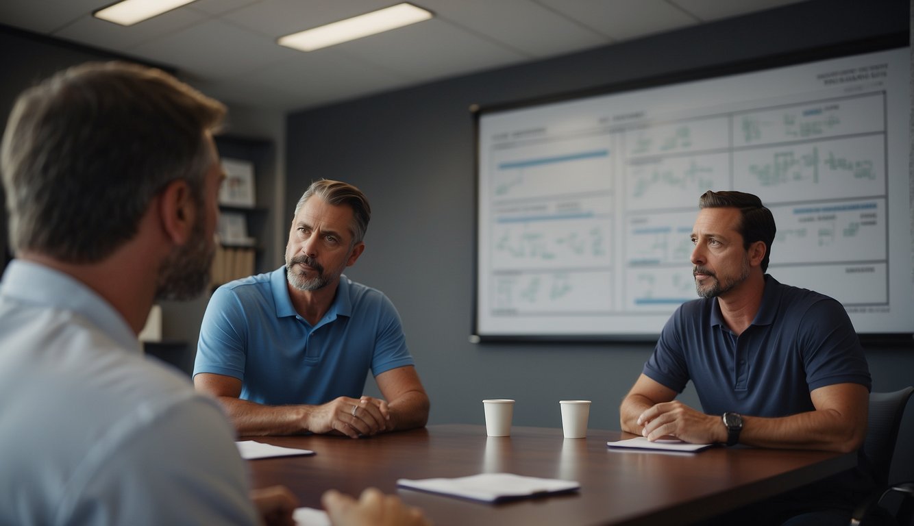 A group of baseball coaches discussing strategies and sharing ideas in a meeting room. Charts and diagrams are displayed on a whiteboard, and a sense of collaboration and determination fills the air