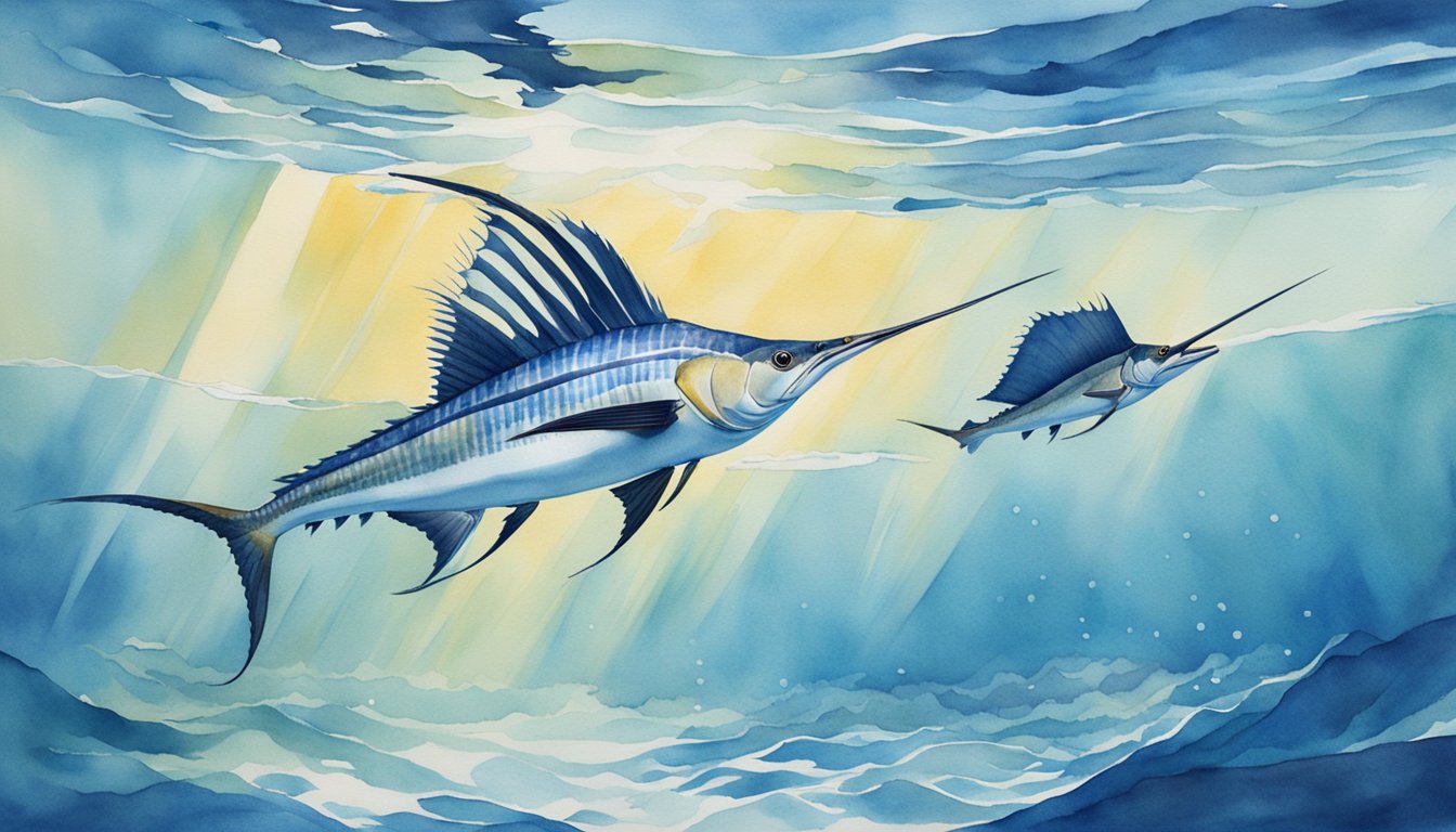 A group of sailfish swimming rapidly through clear blue waters, their sleek bodies glinting in the sunlight as they hunt for prey