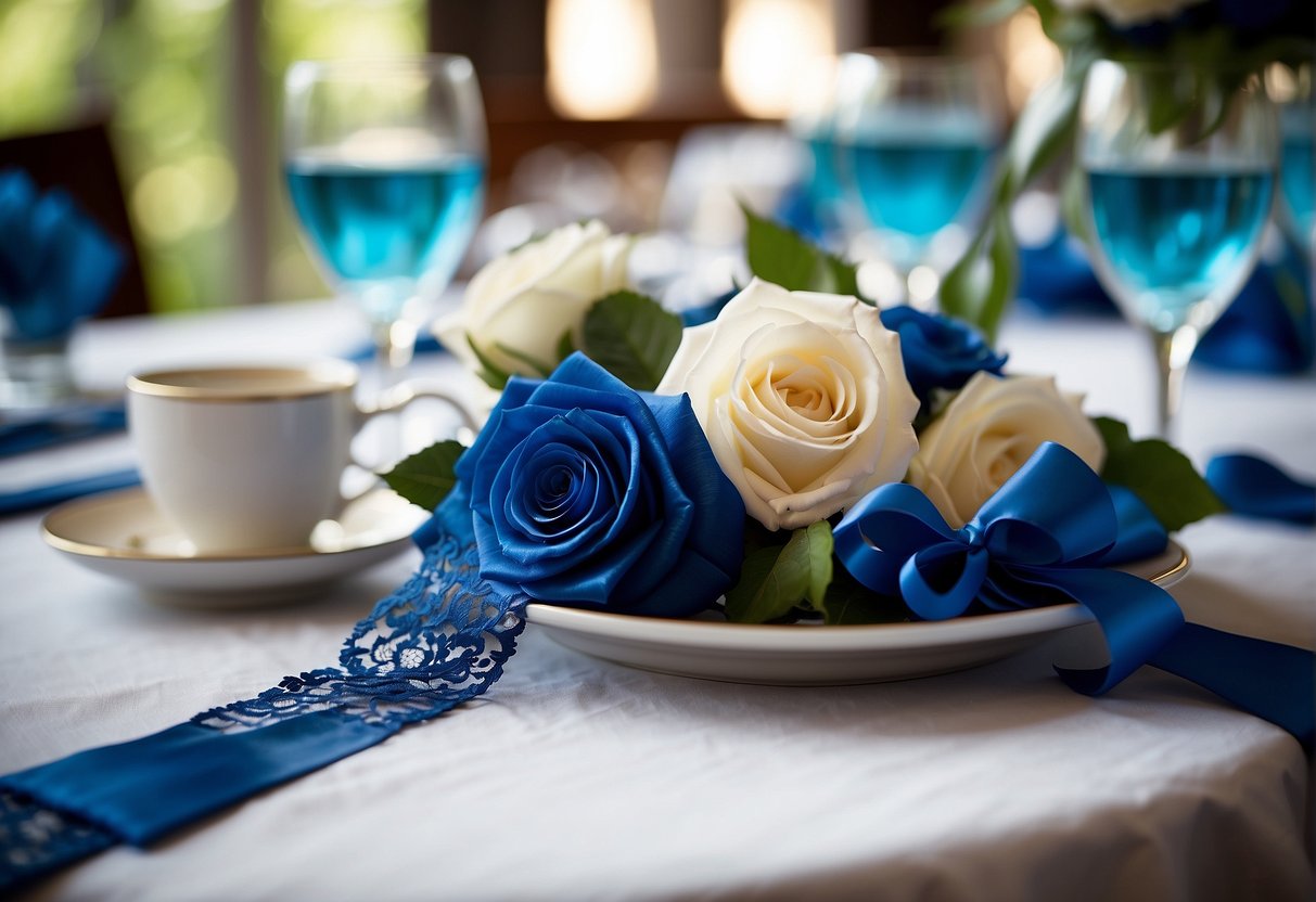 A table set with blue floral centerpieces, delicate blue ribbons on chairs, and a blue vintage lace garter on a satin pillow