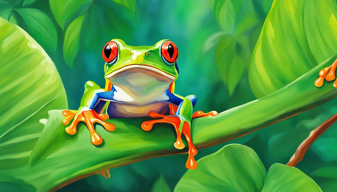 A red-eyed tree frog perches on a vibrant green leaf, its bright red eyes and colorful body standing out against the lush jungle background