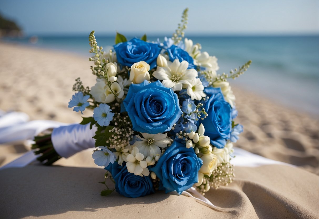 A serene beach wedding with blue decor, ocean backdrop, and a bride's bouquet of blue flowers