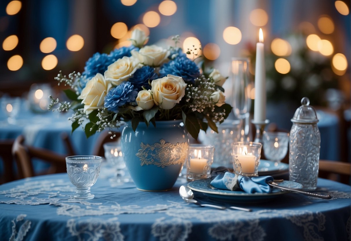 A table adorned with vintage blue trinkets and delicate lace, surrounded by twinkling fairy lights and soft floral arrangements