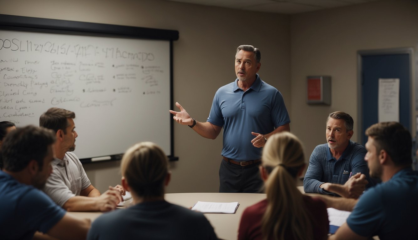 A baseball coach paces in front of a whiteboard, gesturing and pointing to diagrams as players listen intently. The coach's face is animated as he asks probing questions, sparking a lively discussion