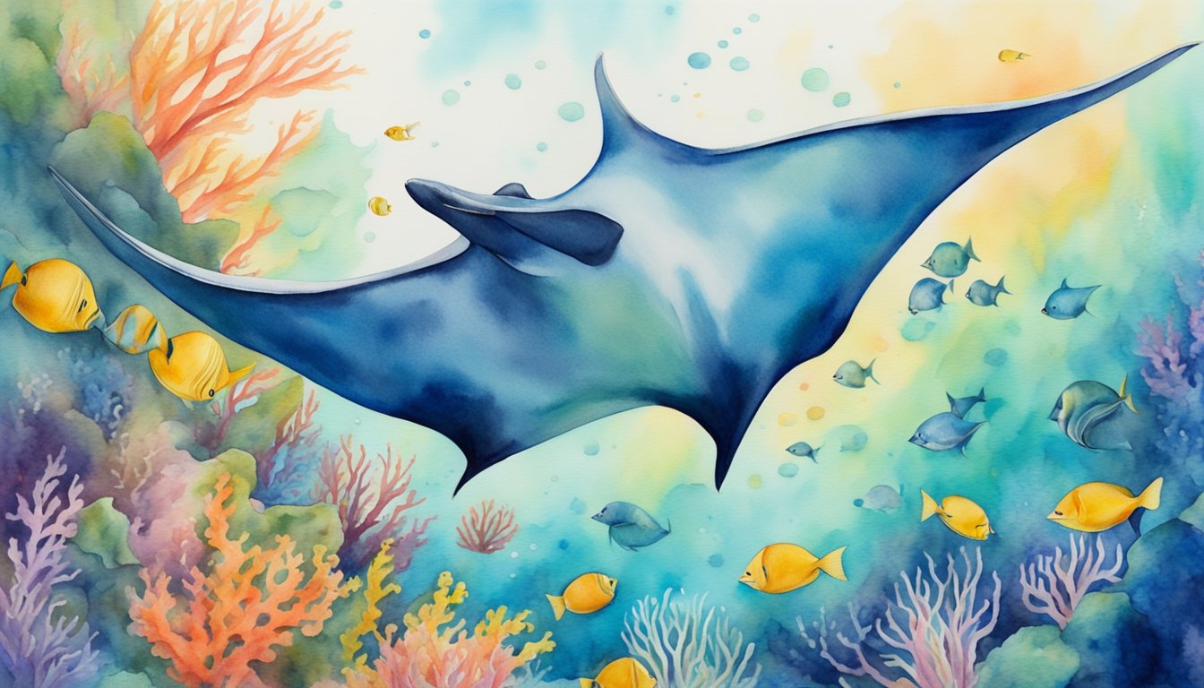 A manta ray gracefully glides through a vibrant coral reef, surrounded by a diverse array of marine life.</p><p>The manta ray interacts with other sea creatures, showcasing the delicate balance of the underwater ecosystem