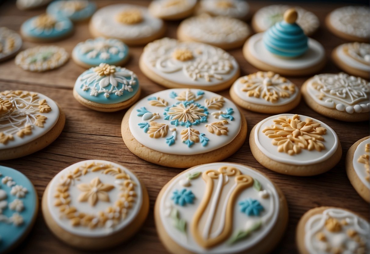A table adorned with various decorated wedding cookies, featuring intricate designs and delicate icing details