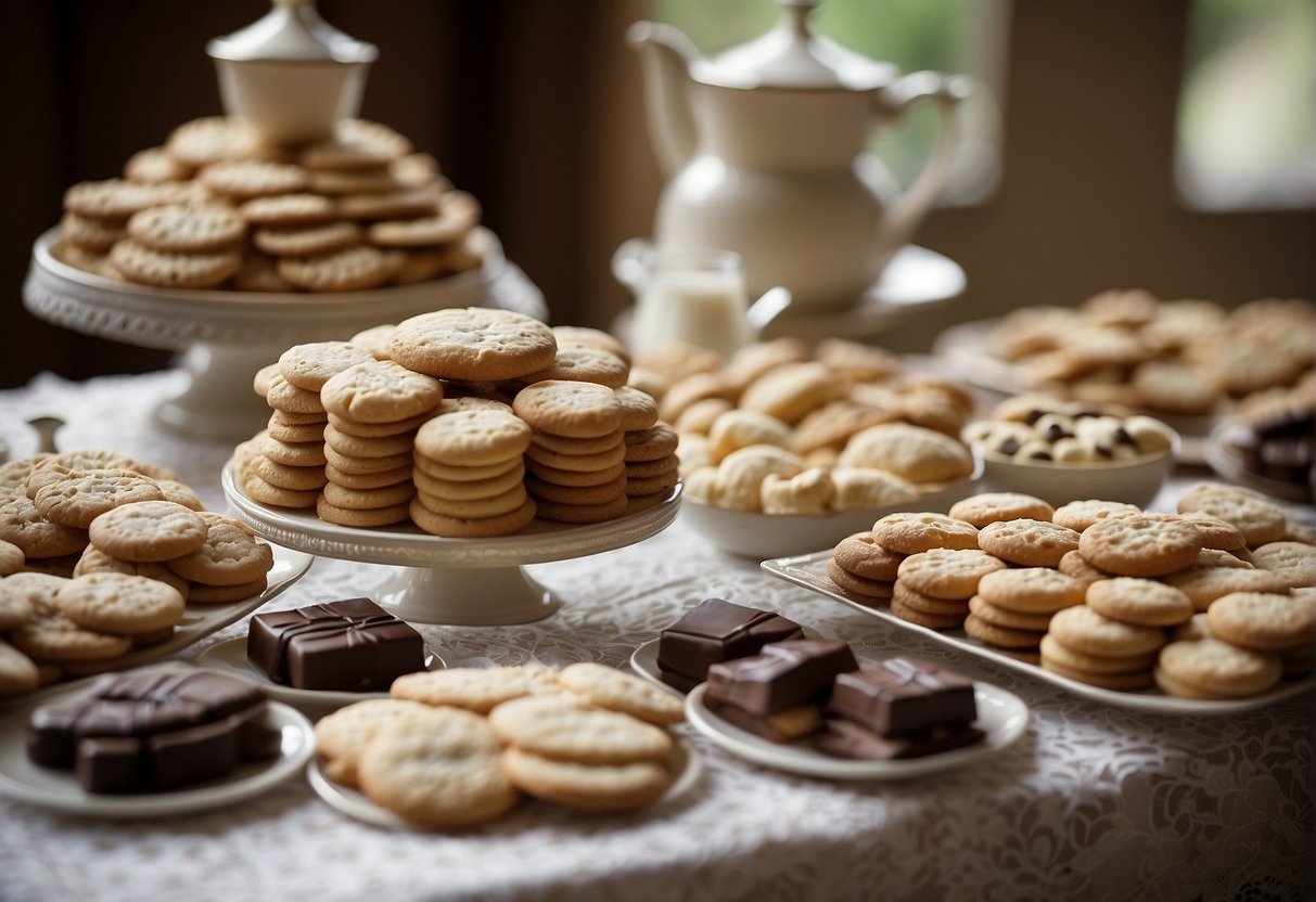 A table displays an array of classic wedding cookies: sugar, chocolate chip, shortbread, and almond. A lace tablecloth complements the elegant display