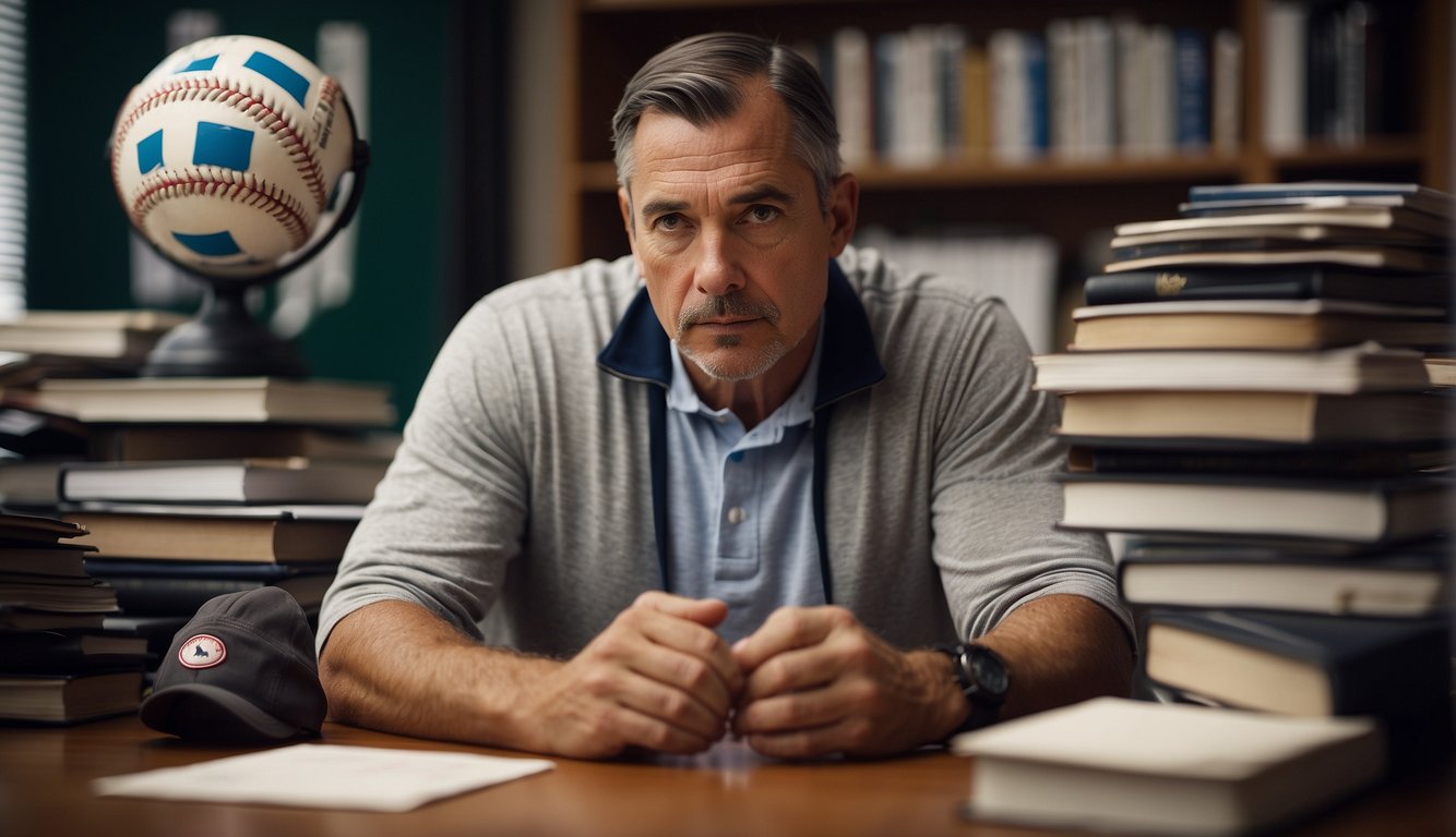 A baseball coach sits at a desk, surrounded by books and sports equipment. They are deep in thought, pondering the integration of academics and athletics in their coaching approach