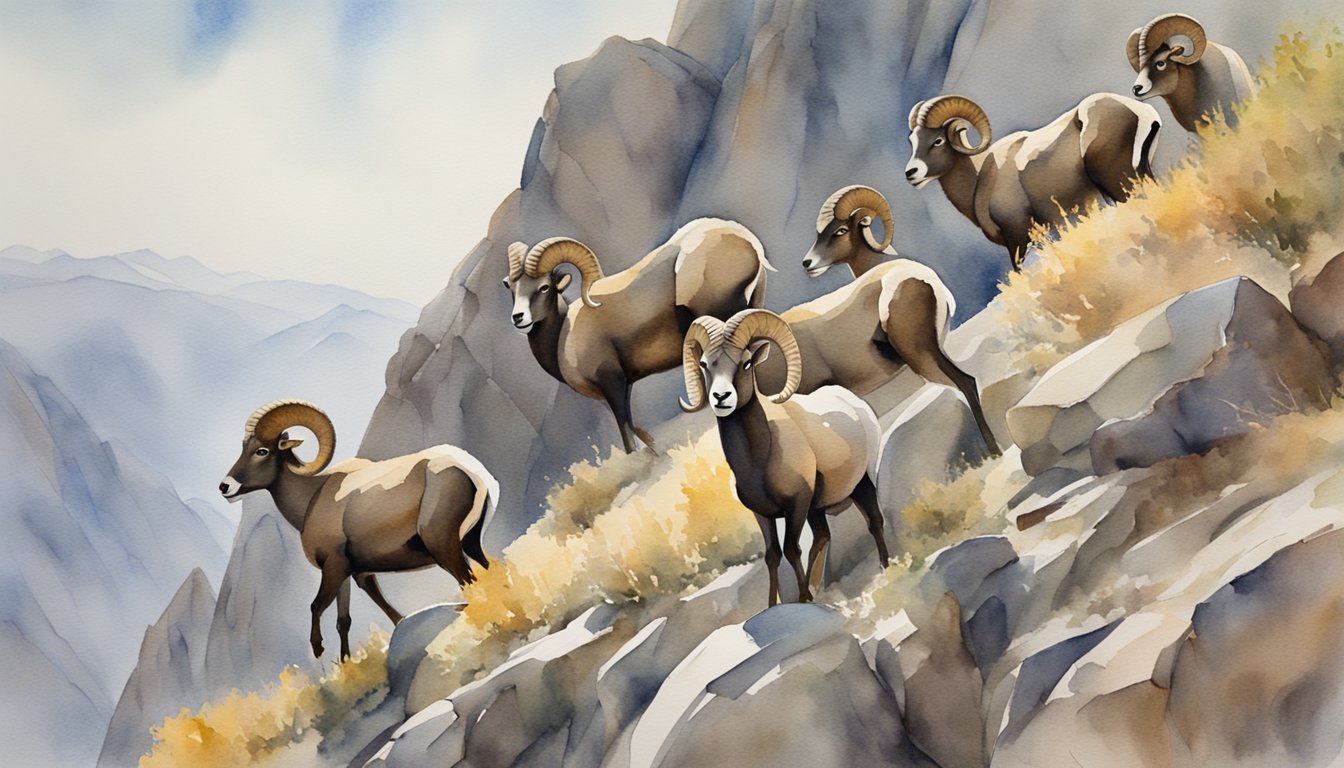 A group of bighorn sheep scaling a steep rocky mountain slope