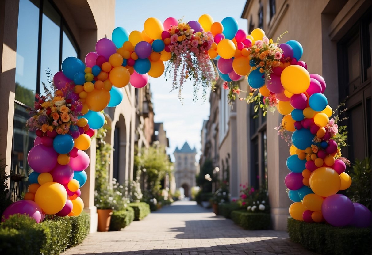 A colorful balloon arch frames the entrance, with cascading ribbons and floral accents for a whimsical touch