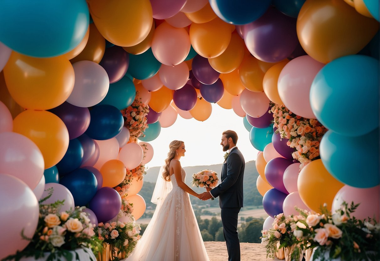 A bride and groom stand under a grand balloon arch, with cascading balloons in their wedding colors. The arch is adorned with flowers and greenery, creating a romantic and elegant atmosphere