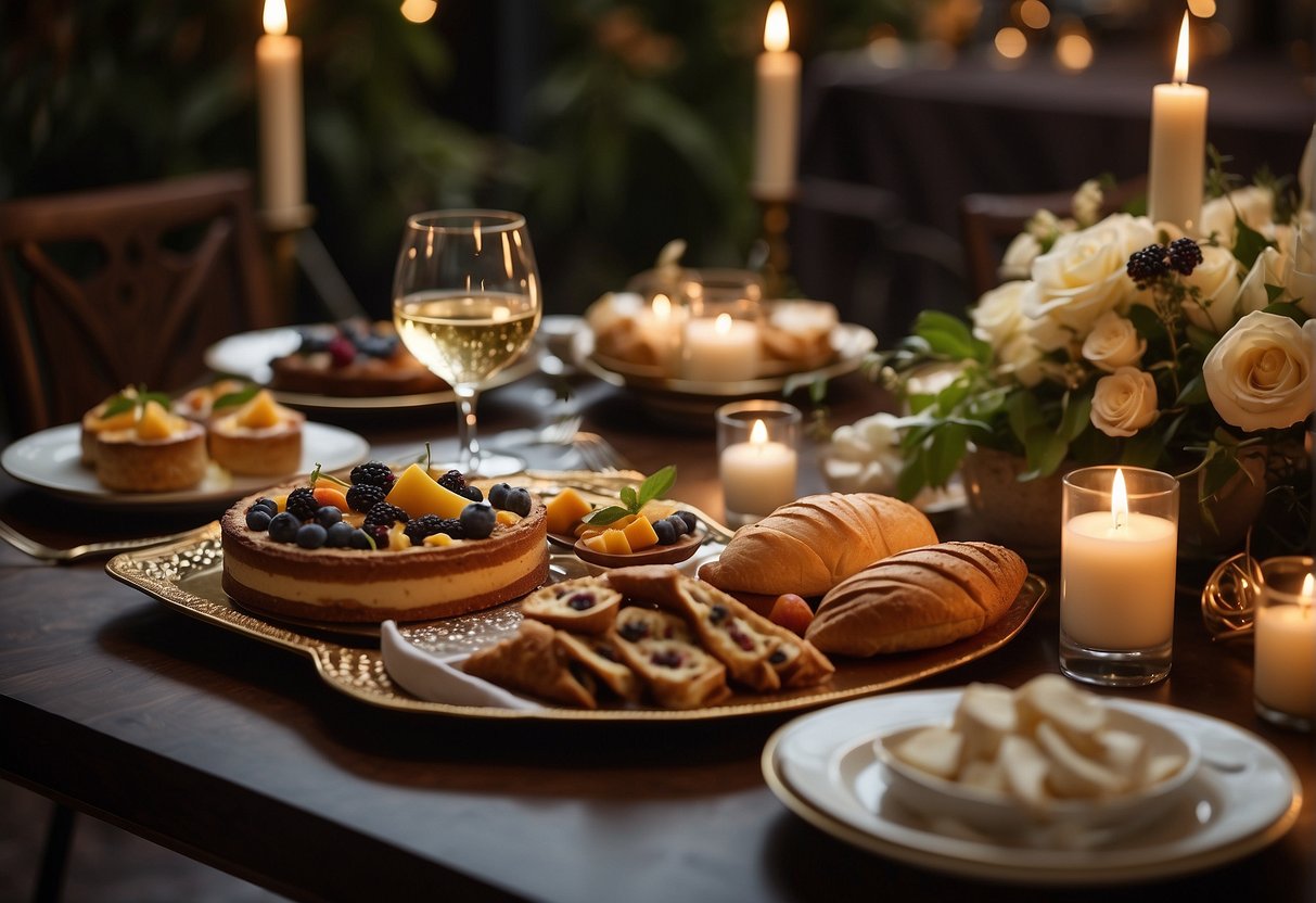 A lavish spread of gourmet dishes and decadent desserts arranged on elegant serving platters, surrounded by floral centerpieces and twinkling candlelight
