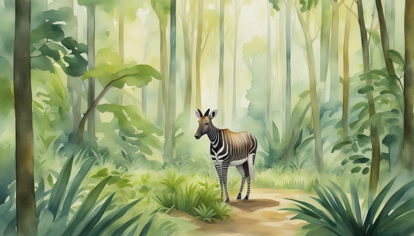 Okapi grazing in lush forest, surrounded by conservation signs and protected by rangers