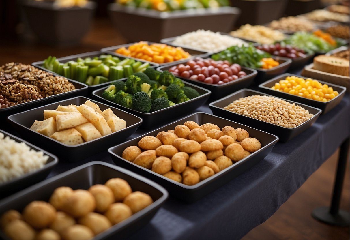 A variety of food options displayed on a long buffet table, with clear labels for dietary needs such as gluten-free, vegan, and nut-free