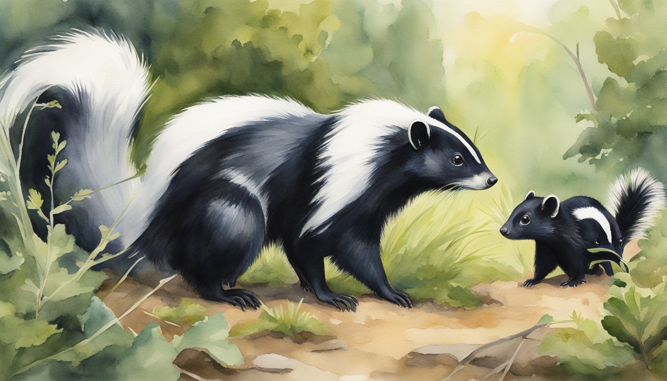 A skunk forages for food, while another pair engages in mating behavior.</p><p>A conservationist observes from a distance, taking notes on their behavior